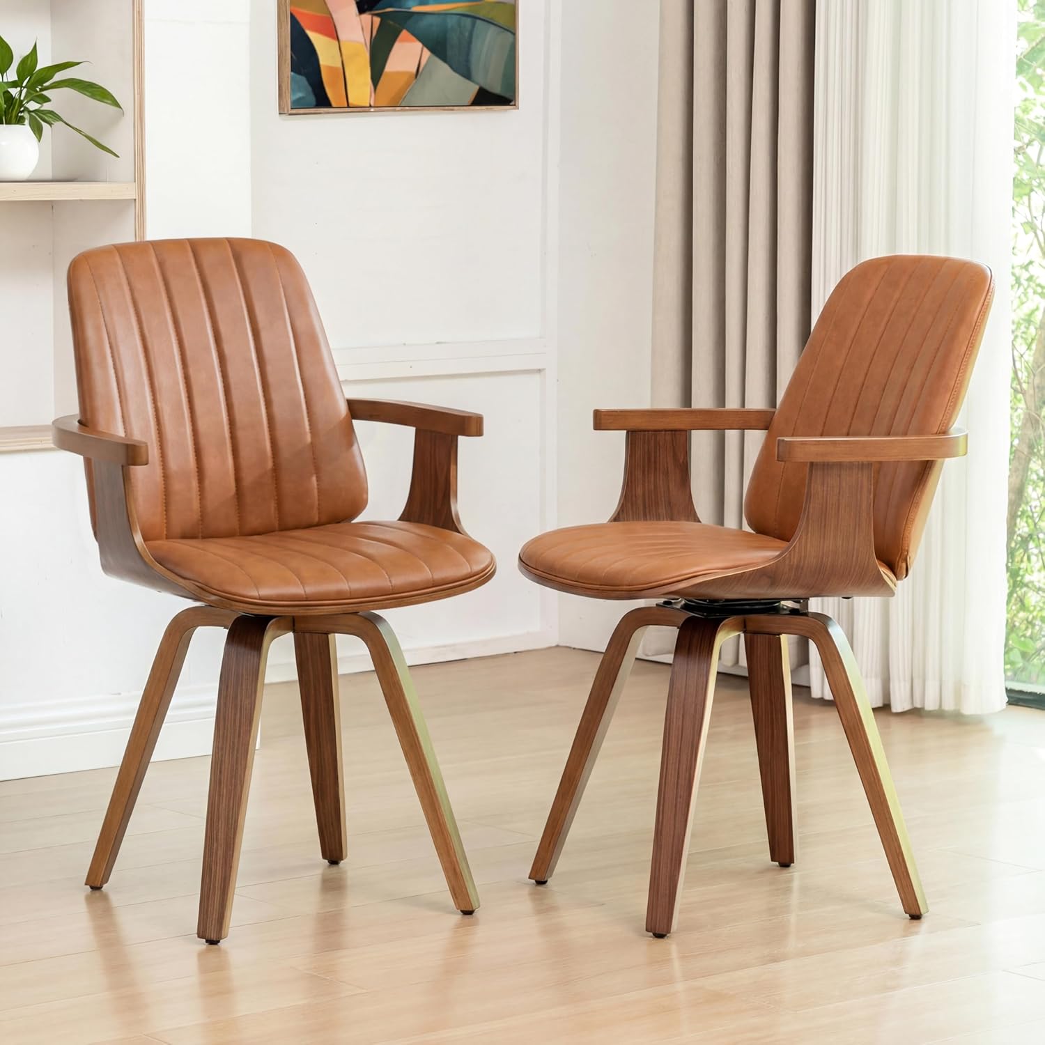 8102jfyUNHL._AC_SL1500_.jpg Walnut Wood Swivel Dining Chair with Leather Armrests - Image 1